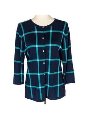 Coldwater Creek Navy Green Plaid 3/4 Sleeve Cardigan Sweater Size Medium Preppy